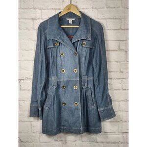 STYLE & CO Denim Jean Coat Jacket Womens Medium Brass Buttons Pockets No Belt